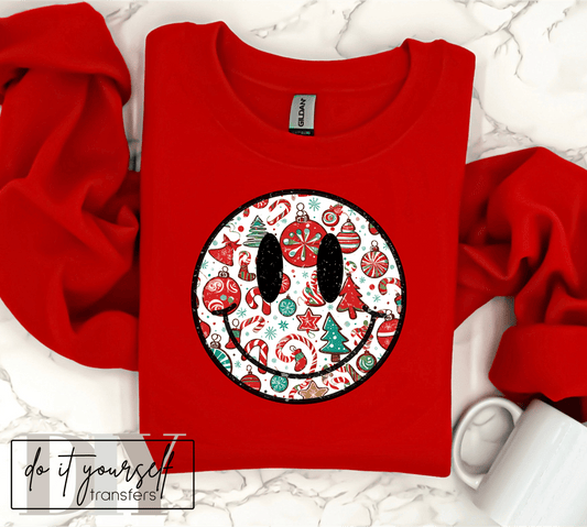 SMILEY FACE Christmas candy cane tree Holiday DTF size ADULT DTF TRANSFER PRINT TO ORDER - Do it yourself Transfers