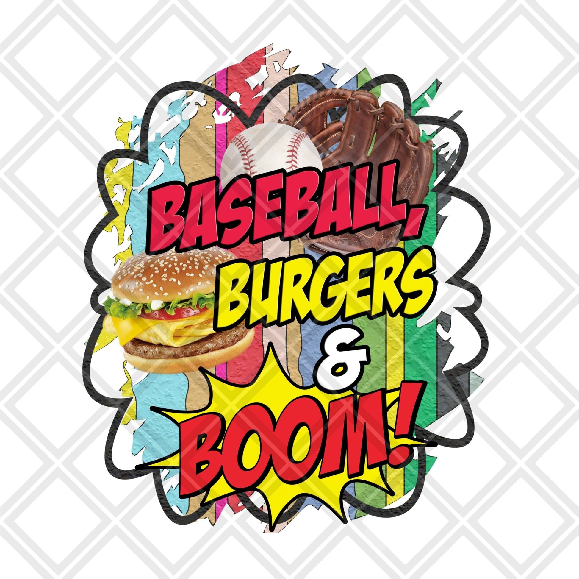 Baseball Burgers and Boom DTF TRANSFERSPRINT TO ORDER - Do it yourself Transfers