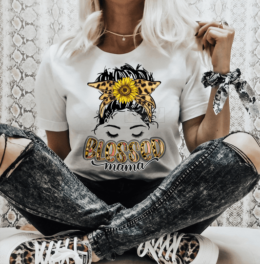 Blessed MAMA messy mom bun SUNFLOWER leopard size ADULT DTF TRANSFERPRINT TO ORDER - Do it yourself Transfers