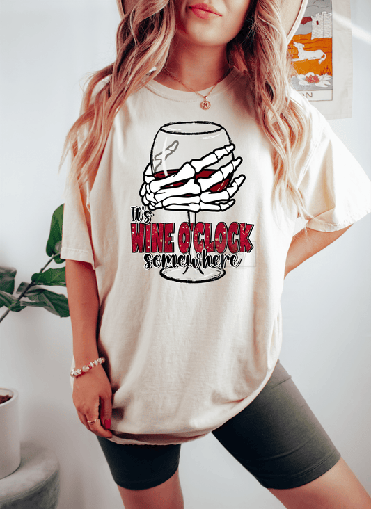 It's Wine O'Clock somewhere skull hands glass size ADULT DTF TRANSFERPRINT TO ORDER - Do it yourself Transfers