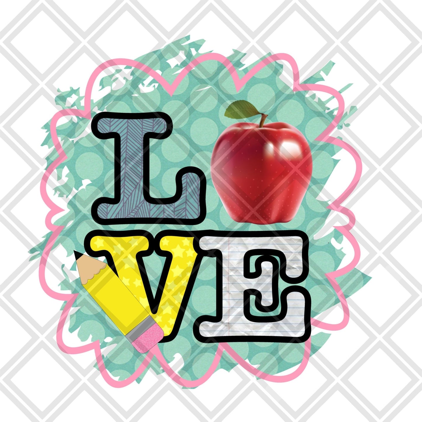 Love Pencil school apple frame DTF TRANSFERPRINT TO ORDER - Do it yourself Transfers