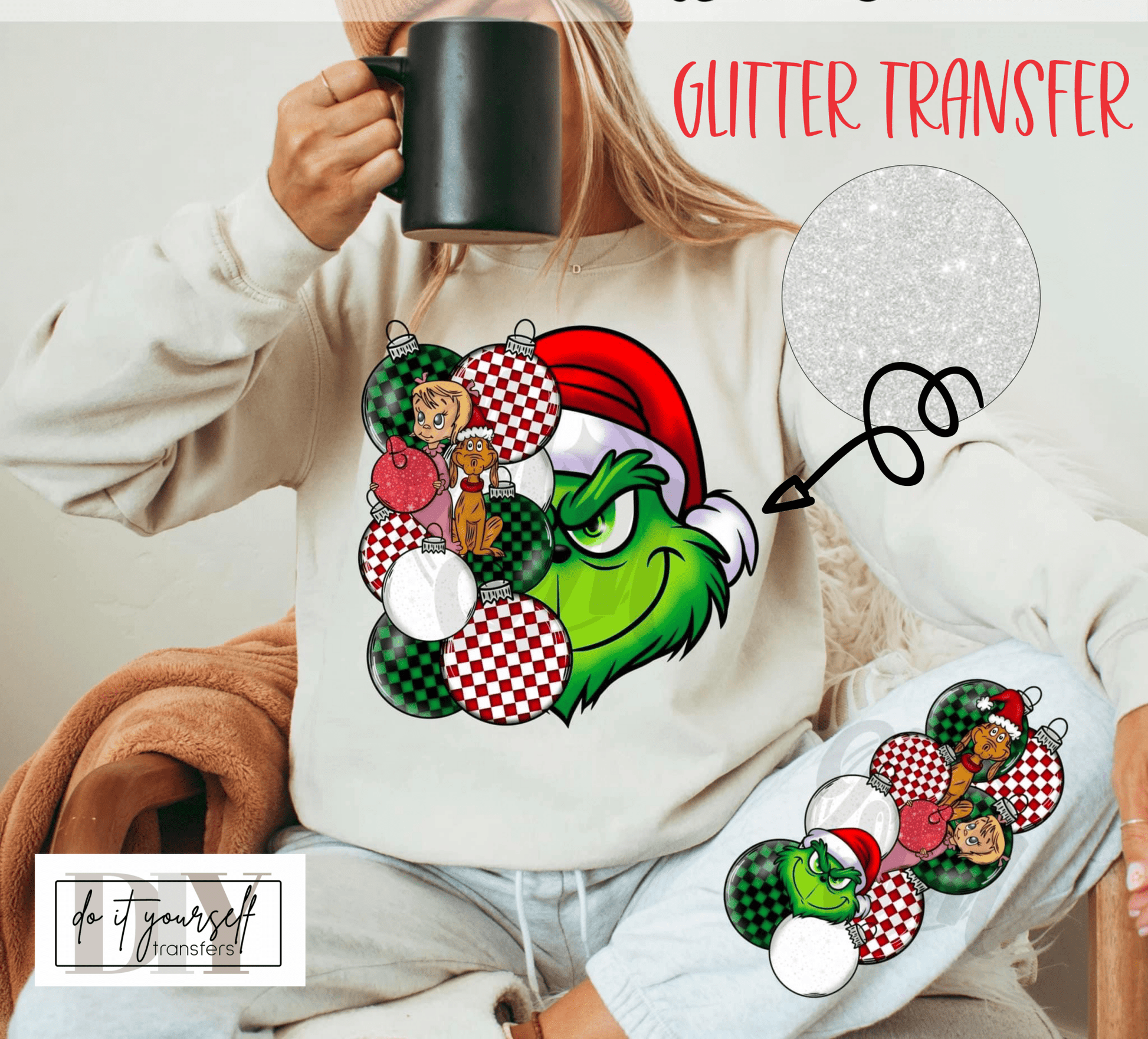 RTS GLITTER Green man movie cindy l o u Christmas DTF DIRECT TO FILM transfers size ADULT 10x12 sleeve included - Do it yourself Transfers