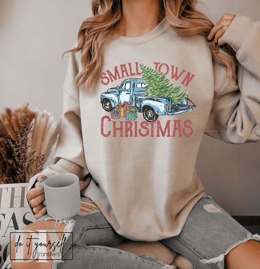 Small town Christmas blue truck tree gifts DTF TRANSFERPRINT TO ORDER - Do it yourself Transfers