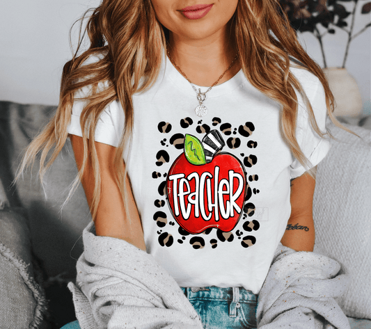 Teacher Red Apple leopard school size ADULT DTF TRANSFERPRINT TO ORDER - Do it yourself Transfers